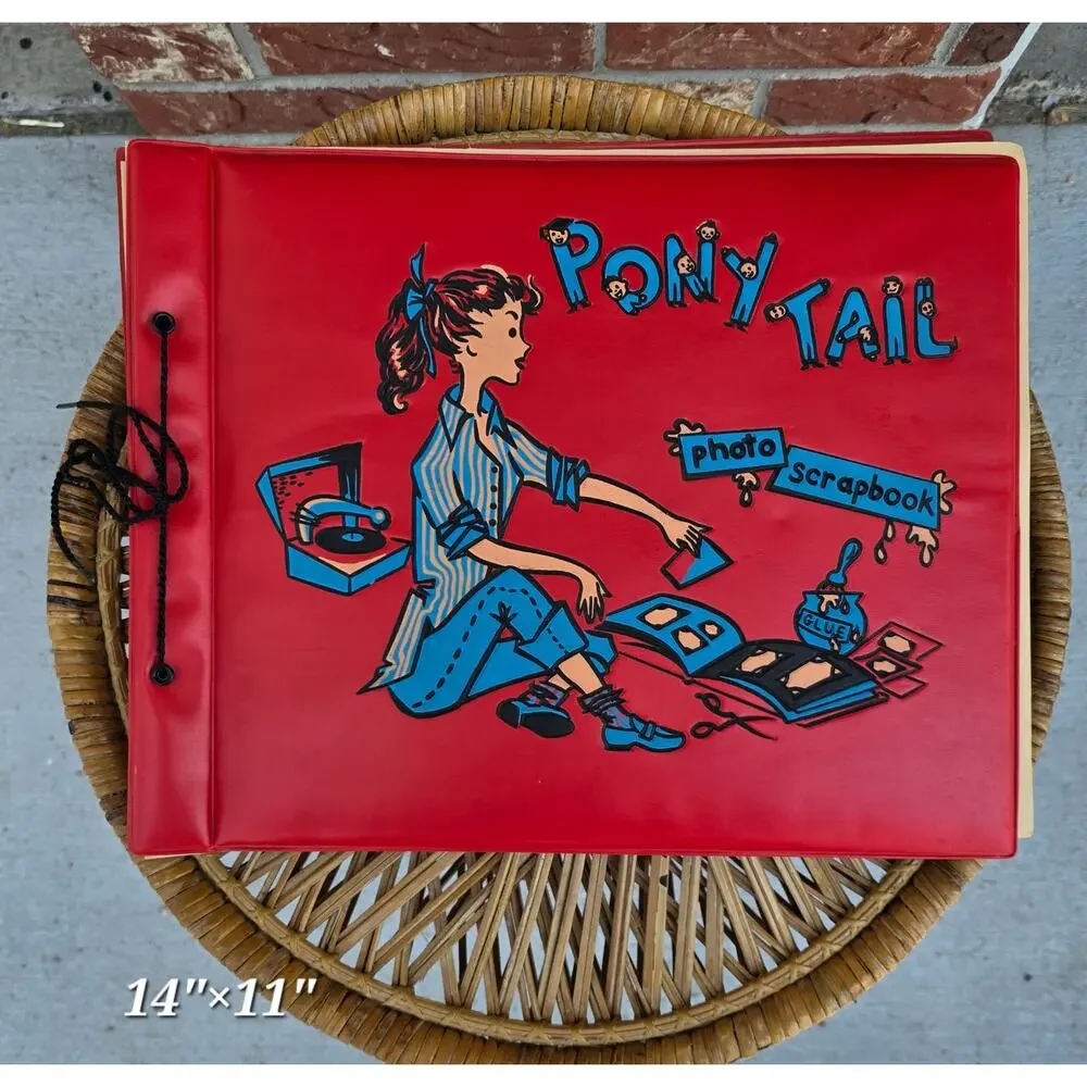 Vintage Ponytail Photo Scrapbook Album MCM Red Vinyl Teen Girl Graphic 60s